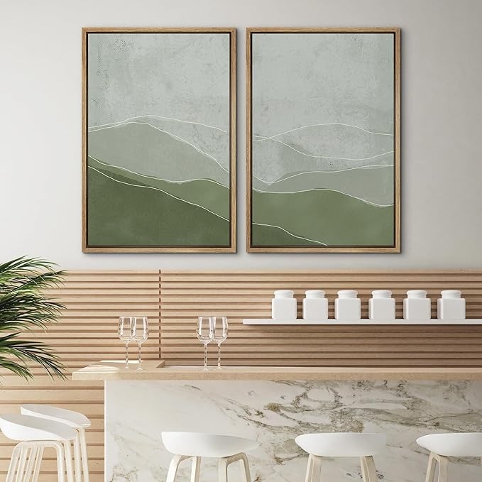 SIGNWIN Framed Wall Art Print Set Faded Green & Gray Wave Landscape Abstract Shapes Illustrations Modern Art Bohemian Relax/Calm Multicolor for Living Room, Bedroom, Office - 24"x36"x2 Natural