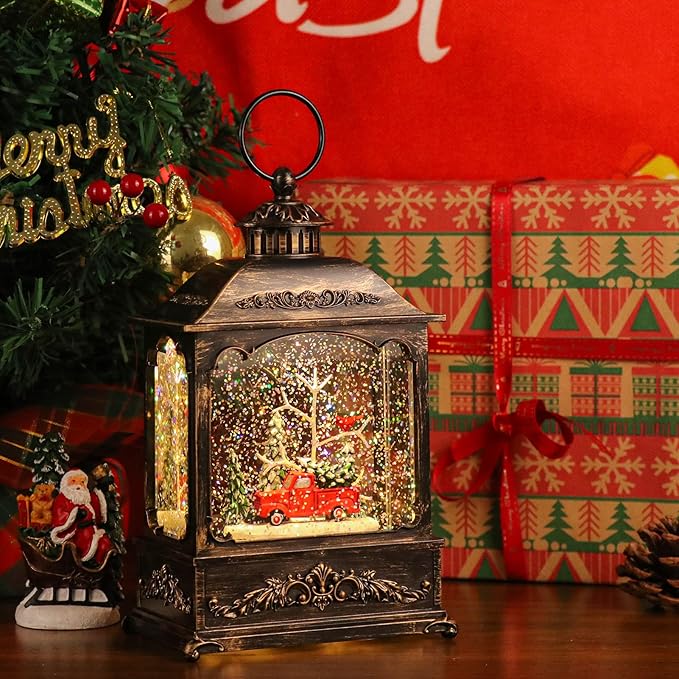 GenSwin Musical Car Snow Globe Lantern with 6 Hour Timer, Battery Operated & USB Powered Singing Spinning Water Glittering Snow Globe Lantern Christmas Home Decoration Gift(9.6”,3 AA)