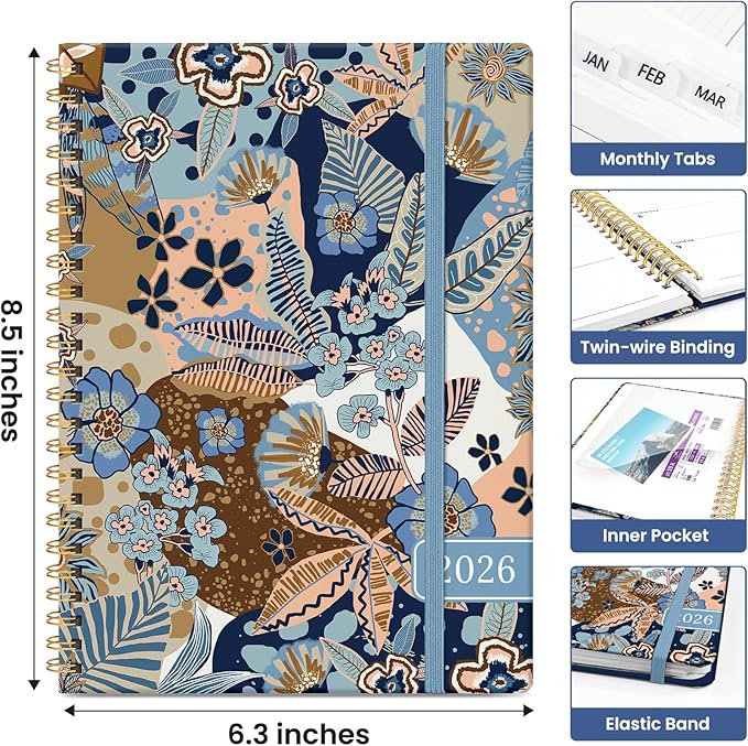 2026 Planner, Monthly and Weekly Calendar Planner for Women, Jan 2026 - Dec 2026, Hardcover Pretty 2026 Agenda Planner Book with Tabs, Spiral Bound, Perfect for School Office Home Supplies, 6.3" x 8.5" - Lineage Flora