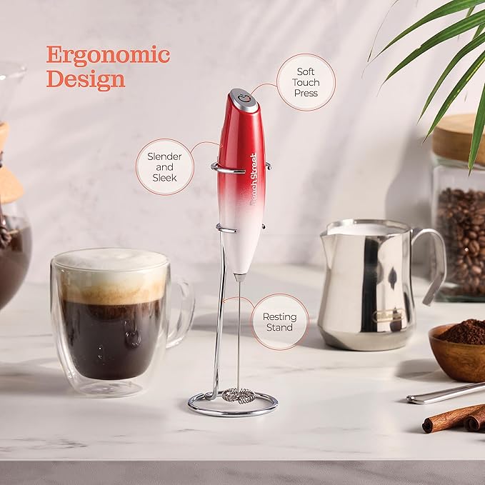 Powerful Handheld Milk Frother, Mini Milk Foamer, Battery Operated (Not included) Stainless Steel Drink Mixer with Stand for Coffee, Lattes, Cappuccino, Frappe, Matcha, and Hot Chocolate. (Red/White)