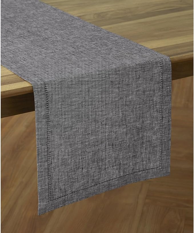 Solino Home Linen Table Runner 72 Inches Long - Milan Hemstitch 100% Pure Linen Chambray Black Dining Table Runner 14 x 72 Inch