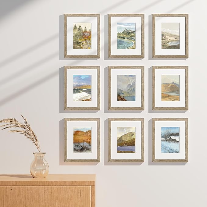 Vittanly 8x10 Picture Frames Set of 9, Shatter Resistant Plexiglass, Display 5x7 Pictures with Mat or 8x10 without Mat, Photo Frames for Wall or Tabletop, Engineered Wood, Light Wood