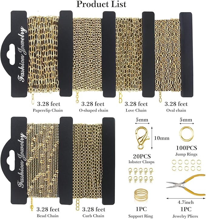14K Gold Necklace Chain Kit for Jewelry Making, 20 Feet DIY Bracelet Chains with Jump Rings, Lobster Clasps, Connectors, Jewelry Pliers, 30 Colorful Graphic Charms & 36 Letter Pendants