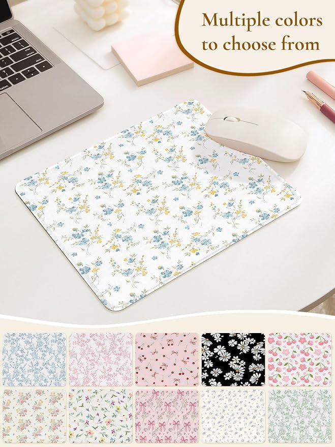 Elegant Blue Flowers Mouse Pad, Waterproof Aesthetics Yellow Floral Mouse Pads Design, Non-Slip Rubber Base Computer Simple Funny Mousepad,Small Mouse Mat Desk Accessories Office Supplies