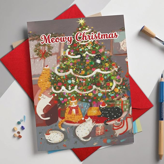 (5.3x8in) Meowy Christmas Card with Envelope, Cute Funny Cat Holiday Greeting with Festive Tree and Kittens, Adorable Christmas Card for Cat Lovers, Friends, Family, and Pet Owners (Xmas 27)