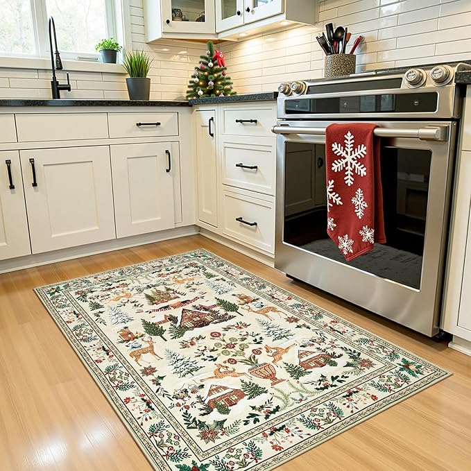 jinchan Christmas Rug 3x5 for Entryway Kitchen Holiday Rug for Bedroom Christmas Tree and Cabin Printed Xmas Decor for Living Room Bathroom Washable Non Slip Decorative Floor Carpet Green on Beige