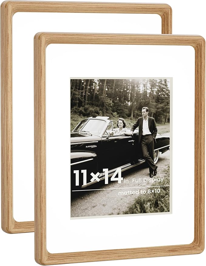 HELPLEX 11x14 Premium Picture Frame Set of 2 - Solid Oak Wood, UV-Blocking Plexiglass, Convertible 5x7/8x10 Matted or 11x14 Open - Wall Art Gallery & Family Legacy Home Decor