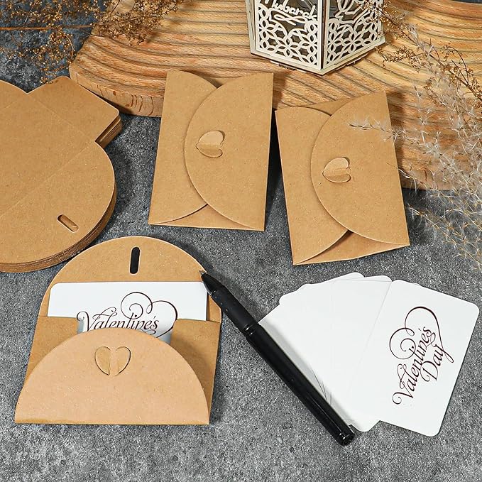 Mini Envelopes with Blank Cards 4.1 x 2.8 inch Kraft Paper Gift Card Holders Cute Tiny Envelopes with Heart Clasp for Gift Cards, Wedding Party Favors, Greeting Cards Mailing, Business Cards
