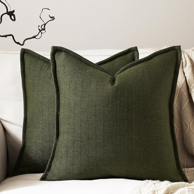 20x20 Linen Pillow Covers Olive Green Pack of 2 Farmhouse Boho Neutral Accents Striped Textured Square Decorative Throw Pillow Cases for Living Room Couch Bed Home Decor