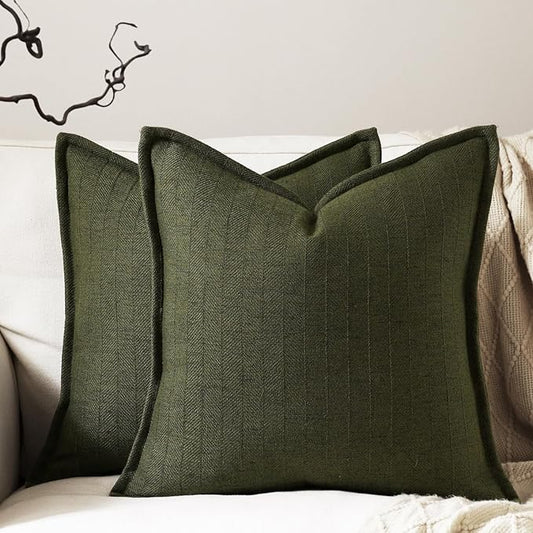 16x16 Linen Pillow Covers Olive Green Pack of 2 Farmhouse Boho Neutral Accents Striped Textured Square Decorative Throw Pillow Cases for Living Room Couch Bed Home Decor