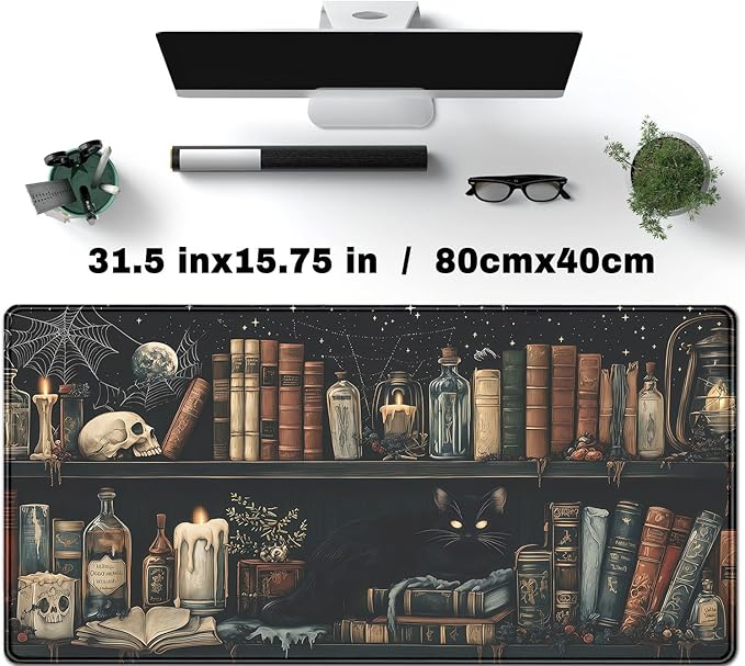 Mystic Grimoire Desk Mat - Black Cat on Bookshelf Large Mouse Pad- Gothic Library with Skull Bottles Extended Desk Pad- Dark Academia Starry Night XL Mouse Pad for Gaming Study Work 31.5 * 15.7in