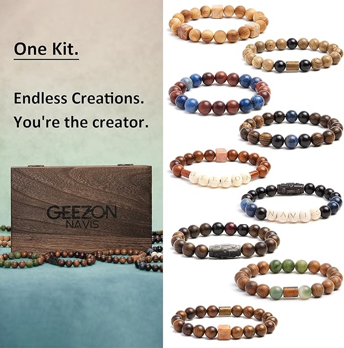 Geezon Navis Bracelet Making Kit - 10mm Natural Wooden Beads with Letters & Stone Beads - 296pcs in 16 Colors - DIY Jewelry Making Starter Kit Adult Men Women Birthday Gift Craft