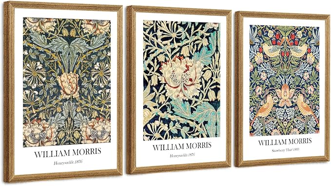 Fantasy Artists 3 Pieces Framed William Morris Wall Art Vintage Botanical Floral Art Wall Decor Painting Farmhouse Artwork Aesthetic Posters Prints for Living Room Bedroom Bathroom 12" x 16"