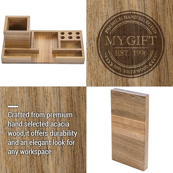 MyGift Acacia Solid Wood Desktop Stationery Holder - Sticky Note & Office Supplies Storage Tray - Organizing Desk Organizer for Office, Home, and Workspaces