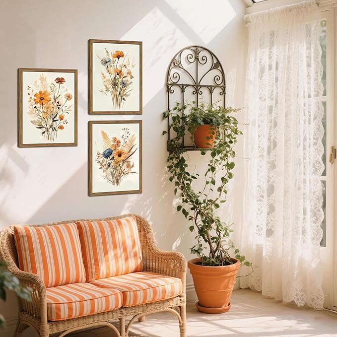 Vintage Wildflower Framed Canvas Wall Art Set of 3 – Rustic Botanical Floral Pictures Prints for Living Room Bedroom Bathroom, Retro Boho Wall Decor for Home Aesthetic 16x24 inch