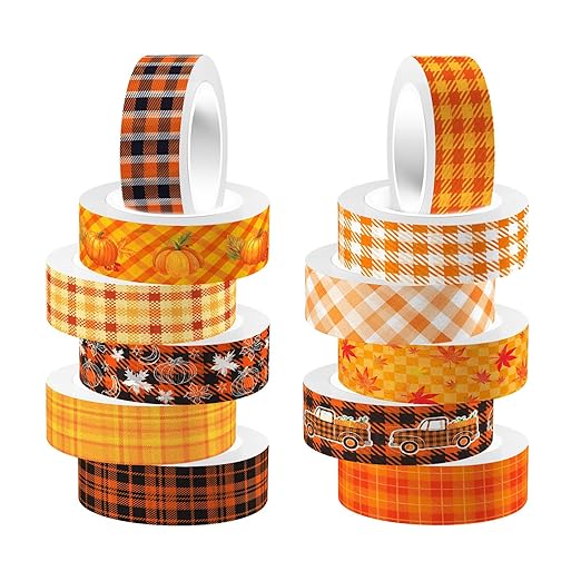 12 Rolls Autumn Washi Tape Set, Thanksgiving Theme Grid Pumpkin Maple Fall Decorative Tape for Bullet Journal, Scrapbooking, Planner, DIY Wrapping Crafts 16.4FT