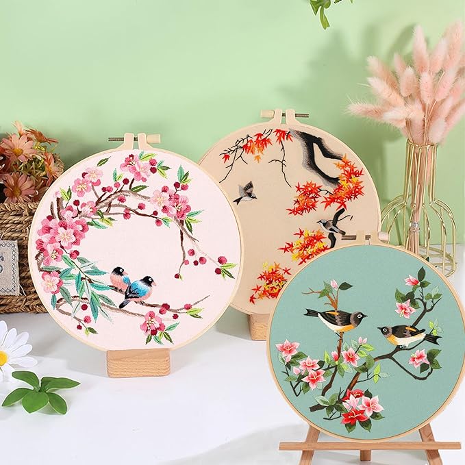Ohcol 3 Pack Bird Embroidery Kits,Cross Stitch Needlepoint Kits for Adults Beginner,Needle Point Kits with Washable Pre-Printed Pattern,3 Hoops