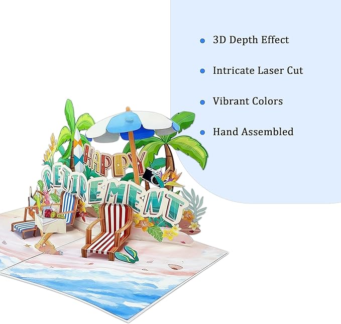 Greeting Card Retirement Paper 3D Pop-Up Cards Handmade Birthday Beach Gift for Women, Mom, Wife, Men Large Size Aniversary Wedding Christmas Gifts Coconut Trees