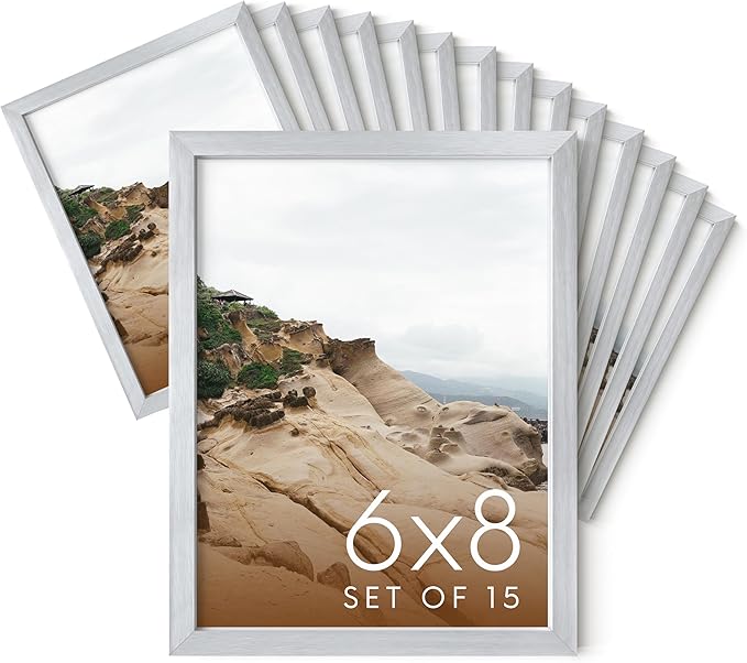 HAUS AND HUES 6x8 Silver Metal Picture Frames - Bulk Frames 6x8 - Features Premium Aluminum, Vertical Hanging, Easel Back for Tabletop, Home, Office (6x8 in, Silver, Set of 15)