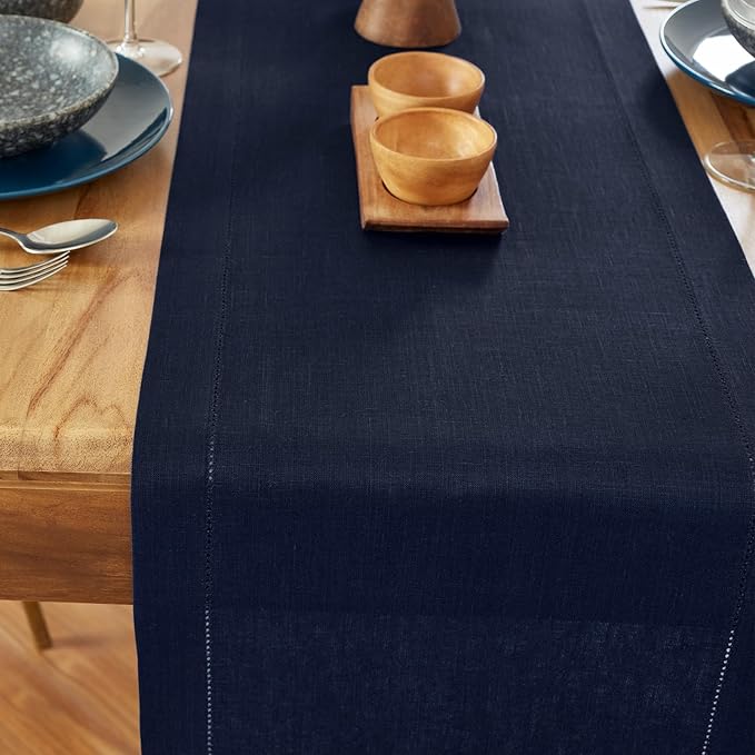Solino Home Linen Navy Blue Table Runner 108 Inches Long - 100% Pure Linen Medium Weight Hemstitch 14 x 108 Inch Table Runner for Dining, Winter