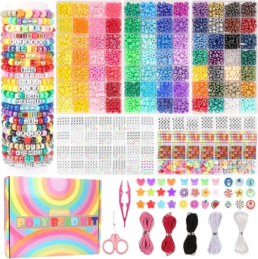 Pizooro 5 Boxes Pony Beads Bracelet Making Kit,3700 Pcs Kandi Bead for Friendship Bracelets Making with Letter Beads,Shaped Beads and Strings,84 Colors Rainbow Bracelet Beads for Craft,Birthday Gifts