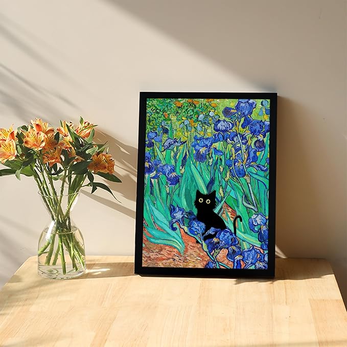 Fantasy Artists Van Gogh Irises Cat Wall Art, Framed Vintage Garden Canvas Wall Decor, Funny Black Cat Poster Prints, Paintings,Bathroom,bedroom,Living Room Artwork Decorations 8" Wide X 10" Height