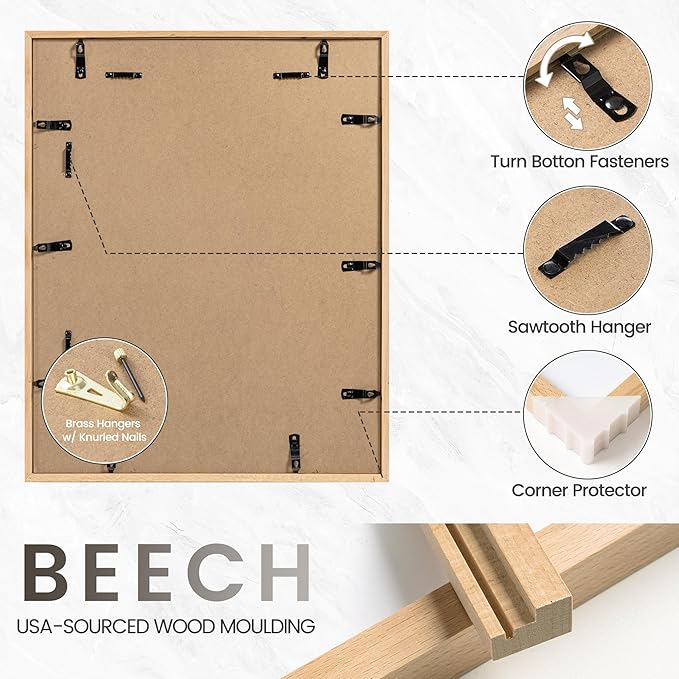 11x14 Picture Frame, USA-Sourced Natural Beech Wood Photo Collage Frame with HD Tempered Glass, Modern Simple 11 x 14 Wooden Frame Matted to 8x10, Vertical & Horizontal Wall Hanging Display