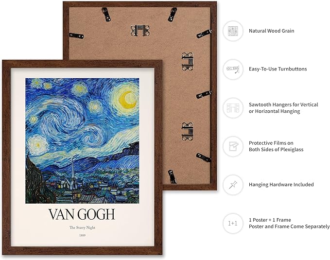 Monem Art Vintage Van Gogh Poster - Retro Impressionist Print - The Starry Night, Moon, Stars, Abstract - Gift for Artist, Friend - Wall Decor for Home, Office, 16x20 Brown Framed