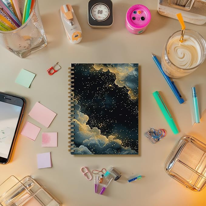 Moody Starry Night Sky Notebook, Dark Academia Witchy Gothic Journal, Fantasy Abstract Mystical Celestial Journal, Vintage Maximalist Blue Gold Galaxy Spiral Notebook, 5.5x8.3 Inch
