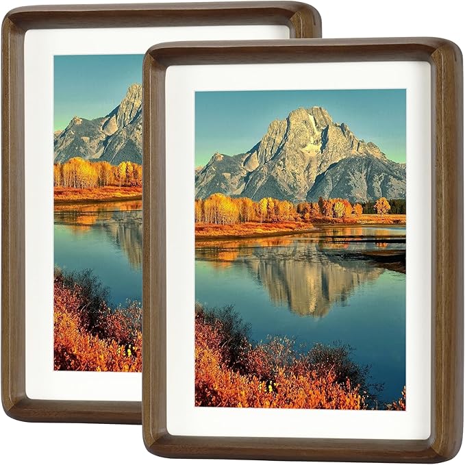 HELPLEX 5x7 Premium Picture Frame Set of 2 - Solid Walnut Wood with HD Tempered Glass, Convertible 4x6 Matted or 5x7 Frameless Display, Wall or Tabletop Frames - Home Gallery, Memories Made Easy