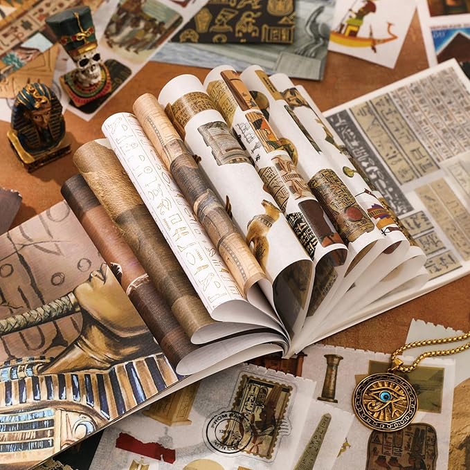 Egyptian Theme Sticker Book, 30 Sheets 300+ Pcs Vintage Aesthetics Stickers & 20 Sheets Washi Paper for Journaling Scrapbooking Bullet Journals Planners Letter Card Making