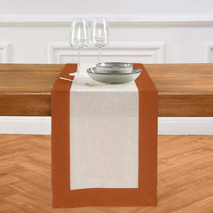 Solino Home Linen Table Runner 120 Inches Long - Cinnamon and Natural 100% Pure Linen 14 x 120 Inch Table Runner for Dining - Contempo