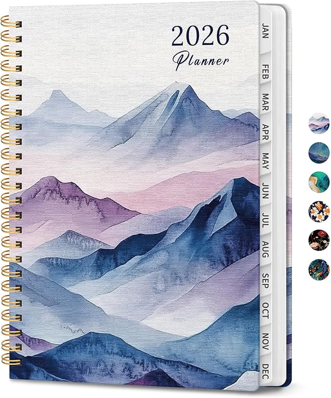 2026 Planner, Monthly and Weekly Calendar Planner for Women, Jan 2026 - Dec 2026, Hardcover Pretty 2026 Agenda Planner Book with Tabs, Spiral Bound, Perfect for School Office Home Supplies, 6.3" x 8.5" - Distant Peaks