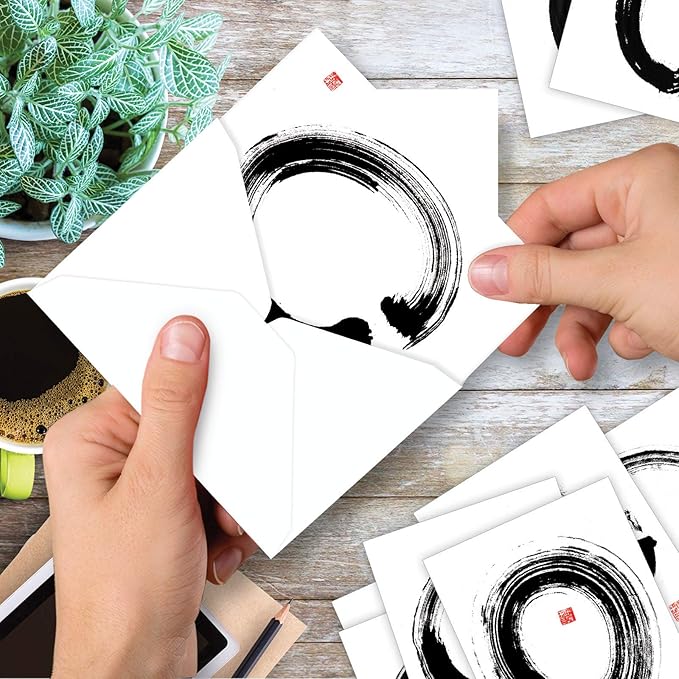 The Best Card Company - 10 Blank Note Cards Assortment for Men and Women (4 x 5.12 Inch) - Zen Patterns and Symbols, Bulk Boxed Set - Zen Circles M9683OCB