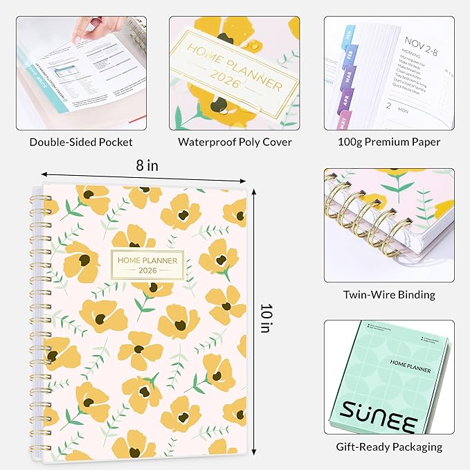 SUNEE Home Planner 2026, Work from Home Planner w/Stickers, JAN 2026 - DEC 2026, Monthly Budget Planner, Checklists for Routines and Goals, Weekly Calendar, Gift-Ready Pack, Poly Laminated Cover,Poppy