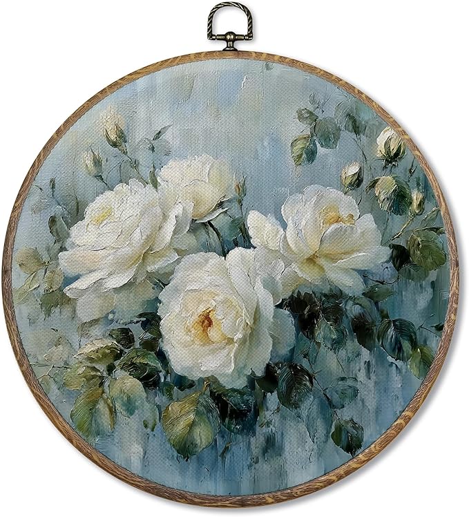 FUGWN Vintage Rose Floral Round Wall Art Decor Framed, Rustic White Botanical Floral Canvas Artwork Prints, Cottagecore Flower Wall Hanging Decorations for Home Bedroom Living Room, 10x10 Inch
