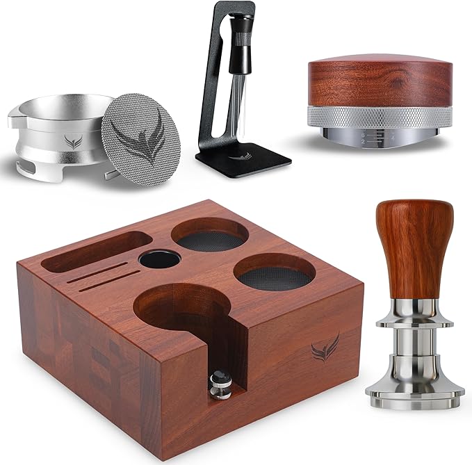54mm Espresso Accessories Set – Must-Have Coffee Tools Set with Tamper, Distributor, WDT Stirrer, Dosing Funnel, Puck Screen & Rosewood Organizer | Espresso Machine Accessories Kit