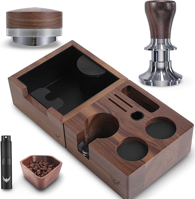 Walnut 58mm Espresso Accessories Kit Includes Espresso Knock Box, Tamper Station, Calibrated Espresso Tamper, Adjustable Distribution Tool, Coffee Bean Dosing Cup and RDT Spray Bottle