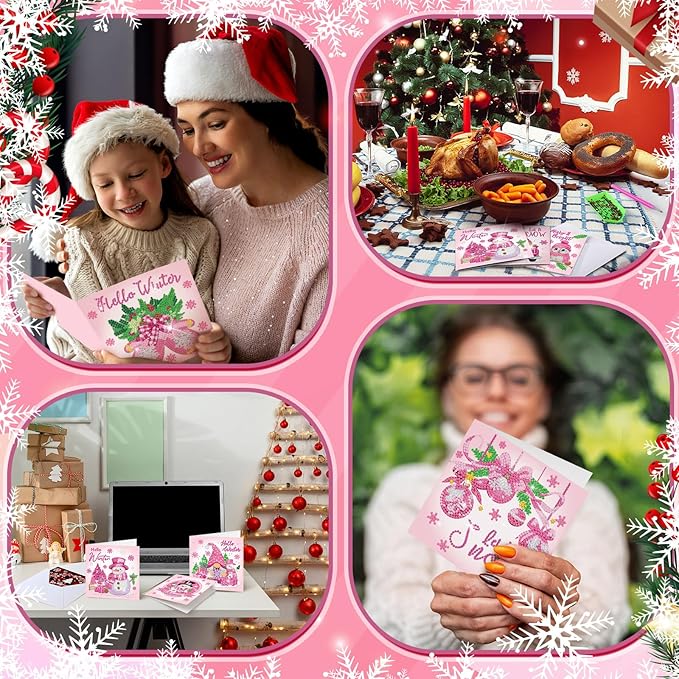 Saillong 12 Pack Pink Christmas Diamond Painting Greeting Card Kits Winter Diamond Art Cards with Envelopes Snowman 5D Rhinestones Painting Making Kits for Adults DIY Craft Family Friend Holiday Gifts