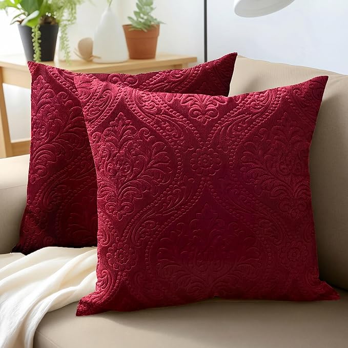Encasa Luxury Embossed Velvet Cushion Covers - Plush Throw Pillow Covers for Elegant Living Rooms & Bedrooms, Machine Washable, 18x18 Maroon | Set of 2 | Covers Only No Insert.