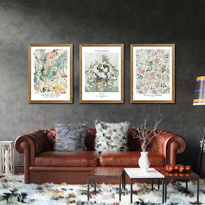 Fantasy Artists Framed Colorful Wall Art Set of 3 Impressionism Henri Matisse Van Gogh William Morris Flower Botanical Abstract Artwork Prints for Living Room Bedroom Bathroom 12" x 16"