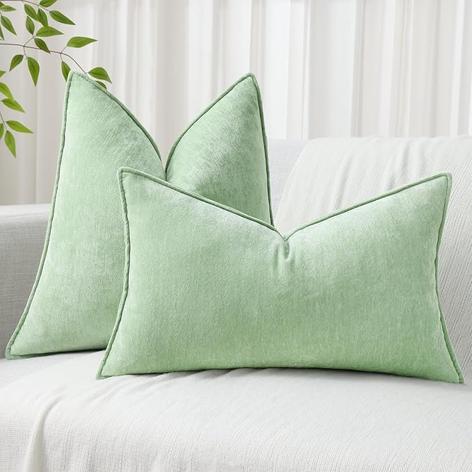 decorUhome Spring Couch Euro Sham Throw Pillow Covers 24x24 Set of 2, Decorative Soft Velvet Neutral Chenille Pillow Covers with Elegant Design for Sofa Bed Living Room Home Decor, Sage Green