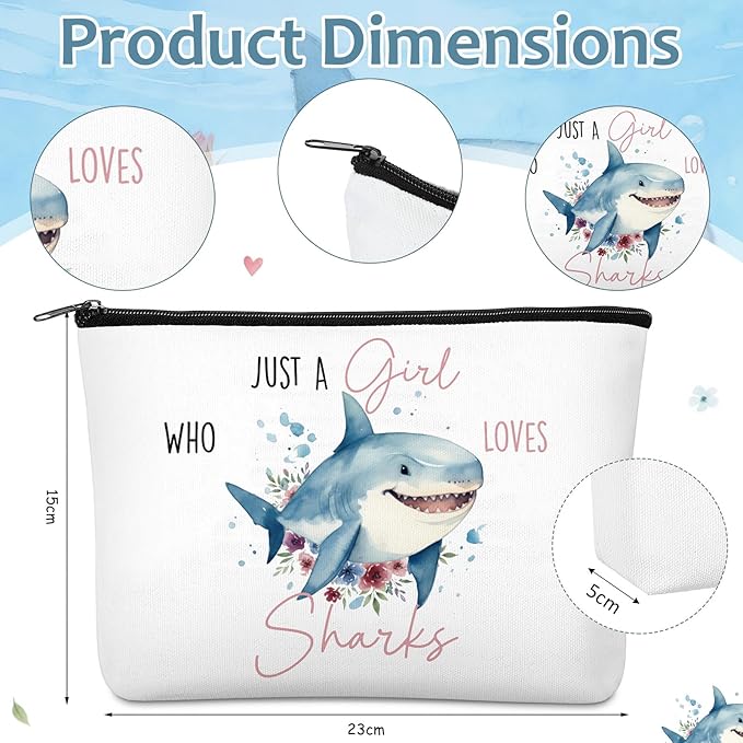 Ceenna 5 Pcs Shark Gifts for Women, Just a Girl Who Loves Shark Cosmetic Makeup Bag, Canvas Bag, A6 Spiral Notebook Lined Journal, Writing Gel Ink Pen and Funny Keychain for Girl Animal Lovers Gift