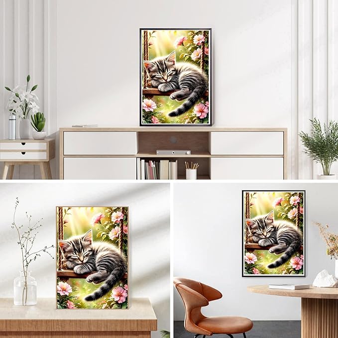 DPHERO Swinging Cat Diamond Painting Kits for Beginners Adults,5D DIY Sleeping Cat Diamond Art Kits,Round Full Drill Wildflowers Gem Art Crafts,DIY Painting by Numbers for Home Wall Decor 12x16 inch