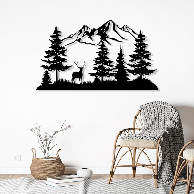 DecoSoul Mountain and Forest with Deer Metal Wall Decor, Hill and Trees Large Metal Wall Art, Nature and Forest Decor, Outdoor Lovers Gift, Home Decoration, Housewarming Gift for Living Room