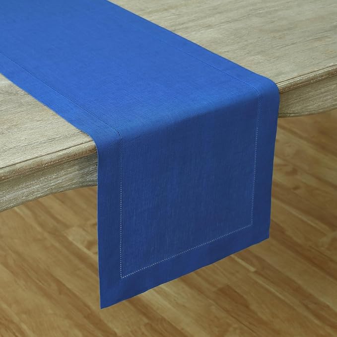 Solino Home Linen Royal Blue Table Runner 48 Inches - Classic Hemstitch, 100% Pure Linen Coffee Table Runner 14 x 48 Inch Ideal for Dresser Tables, Spring