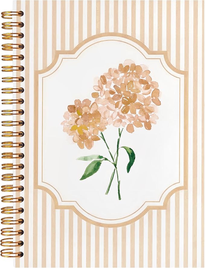 Coquette Preppy Hydrangea Notebooks, Brown and White Stripes Girly Floral Journal, Aesthetic Hydrangea Flower Spiral Notebook Journal for Note Taking, Girly Office Supplies, 5.5x8.3 Inch