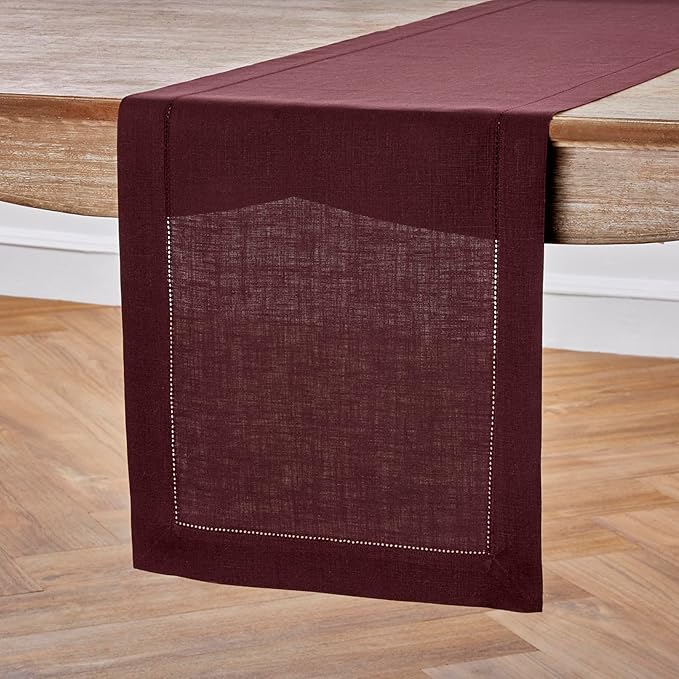 Solino Home Linen Burgundy Table Runner 156 Inches Long - 100% Pure Linen Extra Long Table Runner 14 x 156 Inch for Valentines - Classic Hemstitch