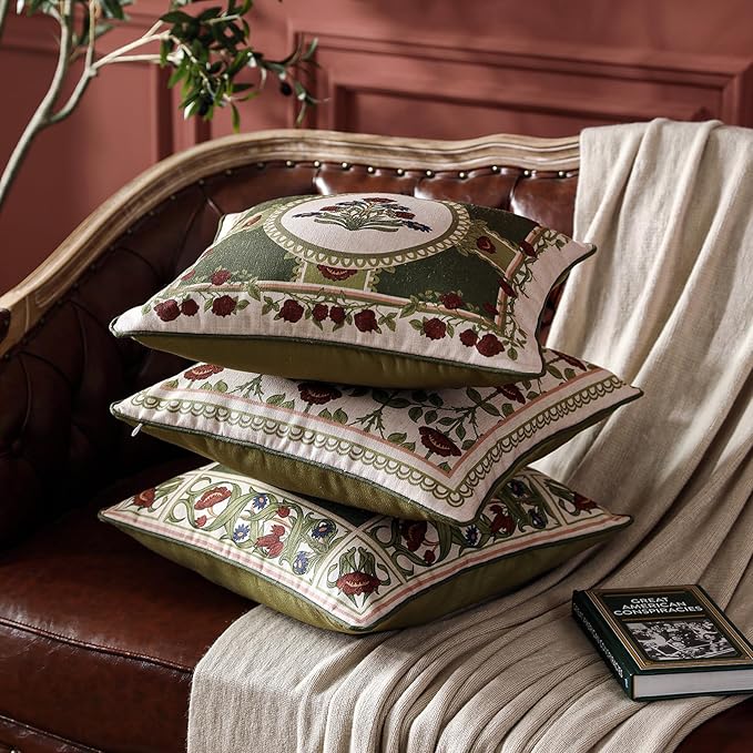 ISAENNE Design Linen Lumbar Square Round Throw Pillow Covers Set of 4, Yellow Green French Cushion Covers with Red Purple Floral Pattern Decoration Pillowcases for Bed, Living Room, Outdoor, Car