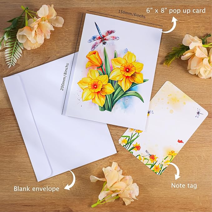Dragonfly & Daffodils Flower Pop Up Card, 3D Birthday Card for Women, Mom, Gift for Birthday, Mothers Day, Valentines, Thank You, All Occasion for Her, Wife, Grandma, Sister, Daughter, Girlfriends